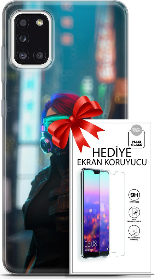 Samsung Galaxy A31 Kılıf Orijinal Seri Cyberpunk 04 Vr Glass Silikon Kılıf + Ekran Koruyucu Full Koruma