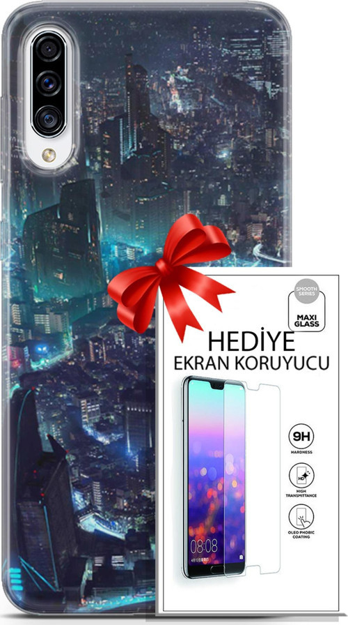 Samsung Galaxy A70S Kılıf Orijinal Seri Cyberpunk 17 Işıklı Şehir Yumuşak Kılıf + Ekran Koruyucu