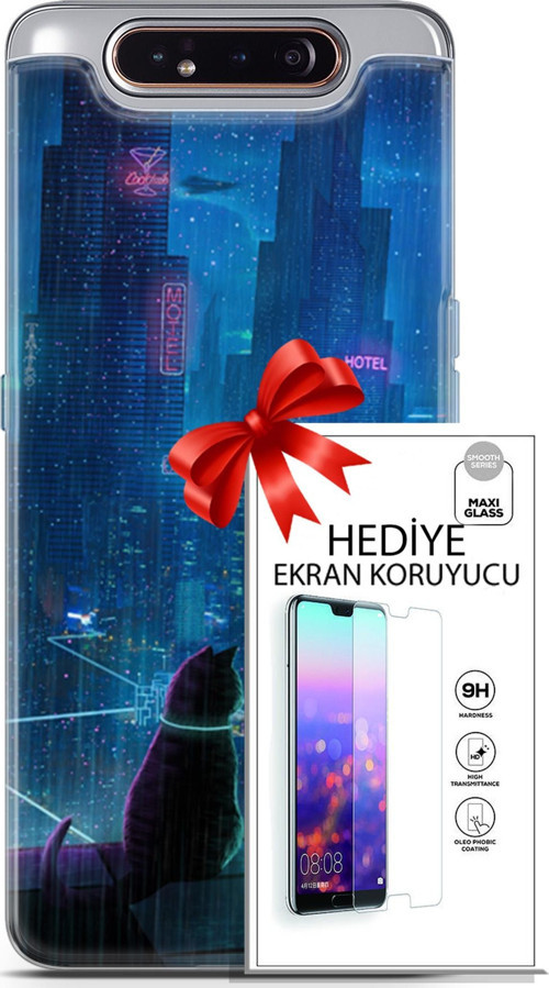 Samsung Galaxy A80 Kılıf Orijinal Seri Cyberpunk 16 Cyber Cat Hediyelik Kılıf Ve Ekran Koruyucu