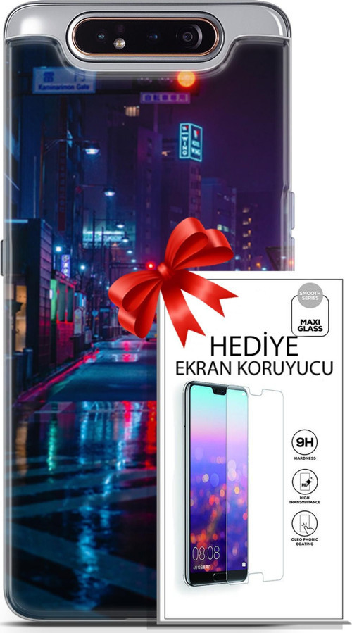 Samsung Galaxy A80 Kılıf Orijinal Seri Cyberpunk 15 Neon Cadde Kalın Silikon + Ekran Koruyucu