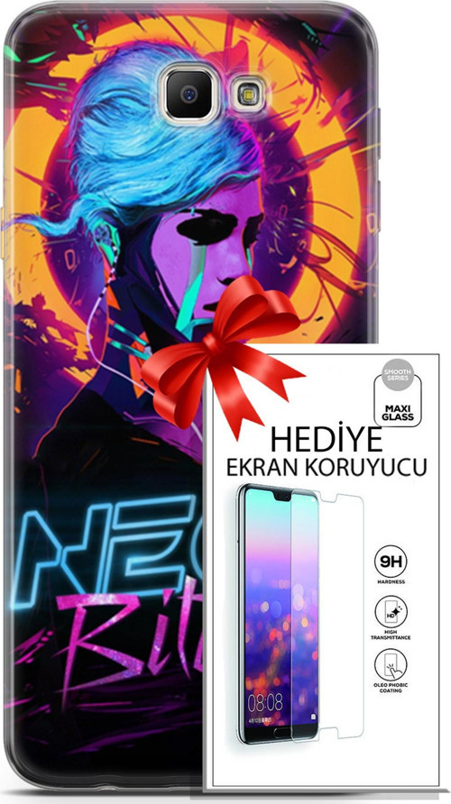 Samsung Galaxy J7 Prime Kılıf Orijinal Seri Cyberpunk 25 Neon Soyulmayan Kılıf + Ekran Koruyucu Full