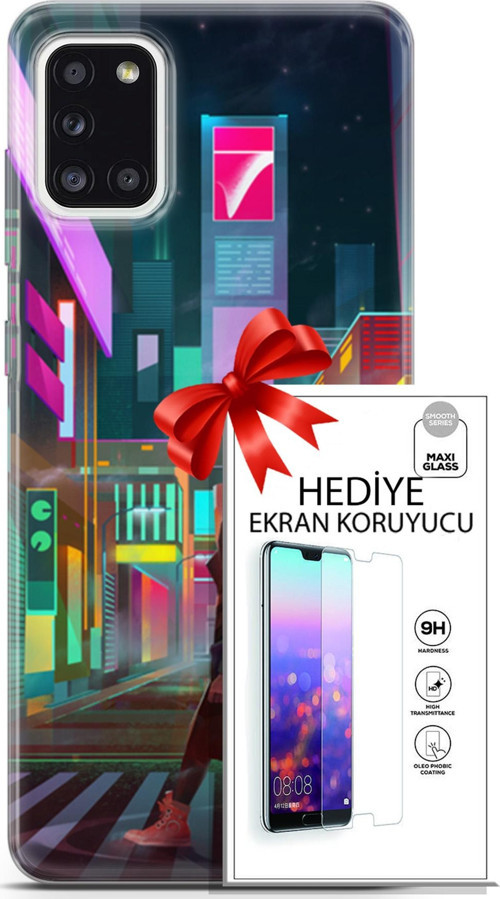 Samsung Galaxy A31 Kılıf Orijinal Seri Cyberpunk 05 Neon City Koruma Kılıfı + Ekran Koruyucu