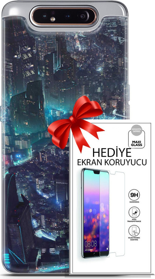 Samsung Galaxy A80 Kılıf Orijinal Seri Cyberpunk 17 Işıklı Şehir Yumuşak Kılıf + Ekran Koruyucu