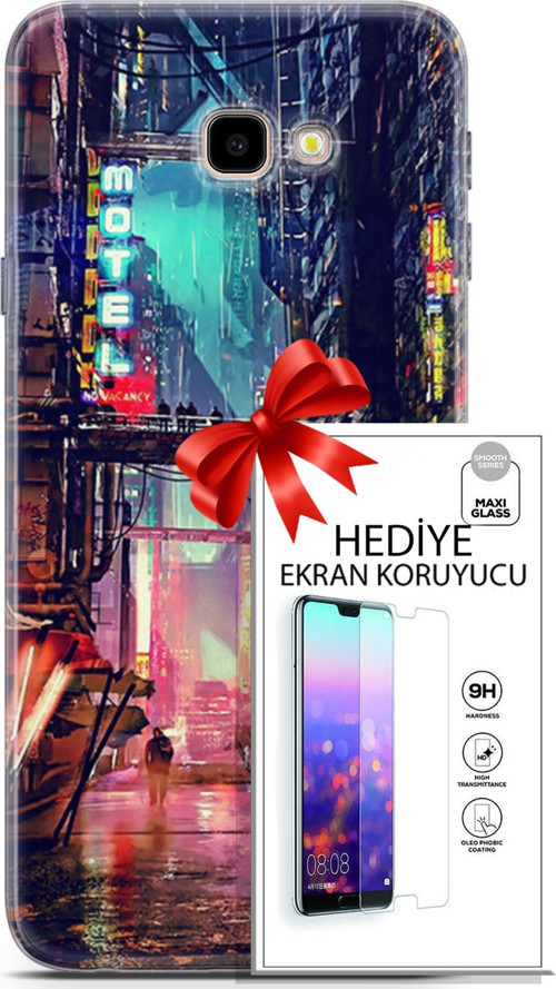 Samsung Galaxy J4 Plus Kılıf Orijinal Seri Cyberpunk 14 Motel Cover Kılıf + Ön Ekran Koruyucu