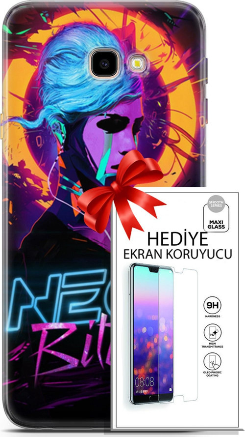Samsung Galaxy J4 Plus Kılıf Orijinal Seri Cyberpunk 25 Neon Soyulmayan Kılıf + Ekran Koruyucu Full