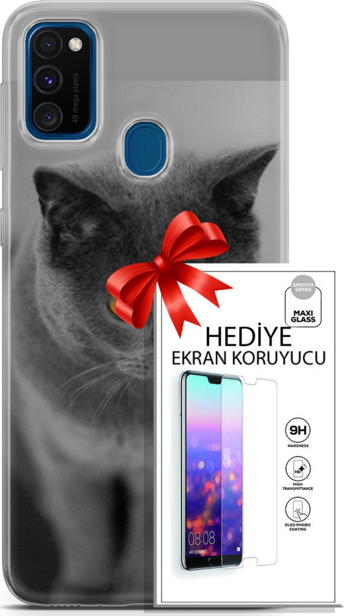 Samsung Galaxy M30S Kılıf Orijinal Seri Scotish-British 04 Turuncu Göz Silikon Kılıf + Ekran Koruyucu