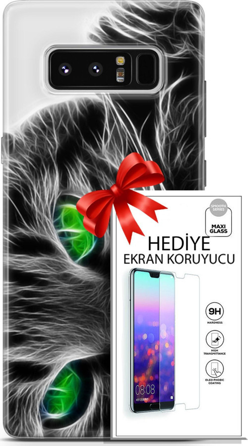 Samsung Galaxy Note 8 Kılıf Orijinal Seri Scotish-British 27 Yeşil Gözlü Kedi Lazer Kesim Silikon Ek