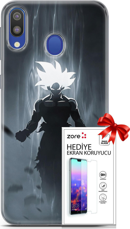 Samsung Galaxy M20 Kılıf Orijinal Seri Supers 27 Dark Goku Lazer Kesim Silikon Ekran Koruyucu