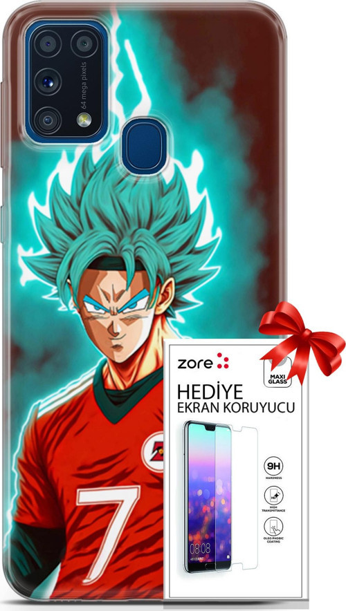 Samsung Galaxy M31 Kılıf Orijinal Seri Supers 04 Goku Mavi Ejderha Silikon Kılıf + Ekran Koruyucu Fu