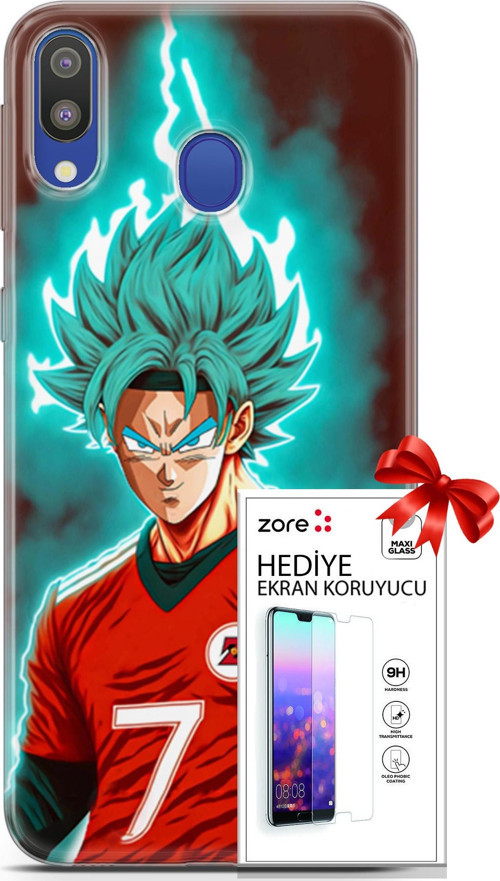 Samsung Galaxy M20 Kılıf Orijinal Seri Supers 04 Goku Mavi Ejderha Silikon Kılıf + Ekran Koruyucu Fu