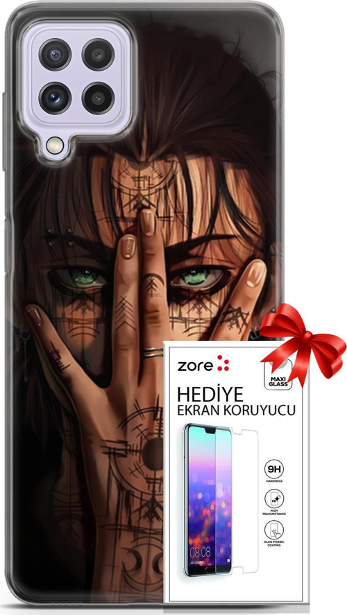 Samsung Galaxy M32 Kılıf Orijinal Seri Supers 22 Eren Yeager Kap + Ekran Koruyucu