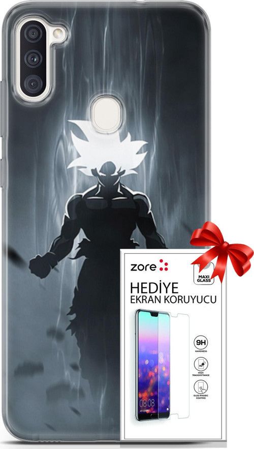 Samsung Galaxy M11 Kılıf Orijinal Seri Supers 27 Dark Goku Lazer Kesim Silikon Ekran Koruyucu
