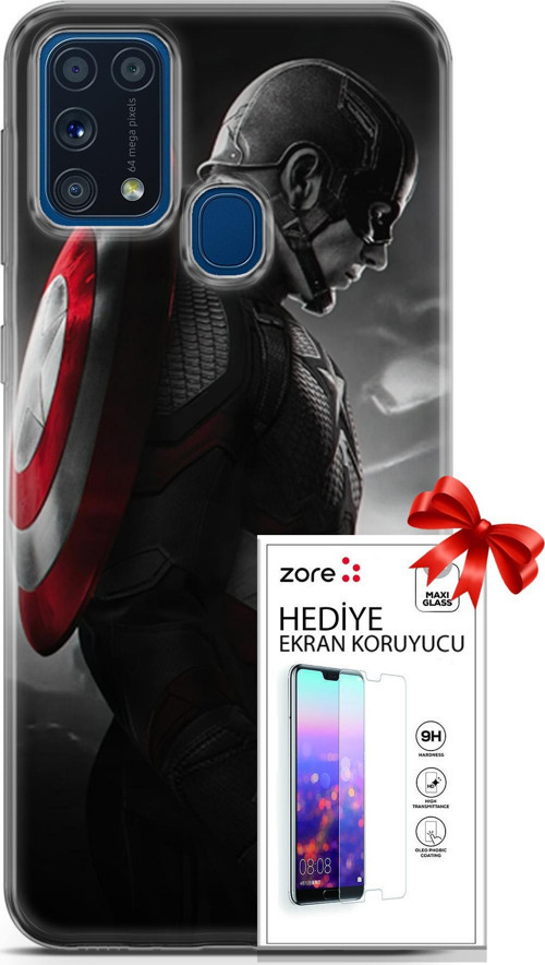 Samsung Galaxy M31 Kılıf Orijinal Seri Supers 18 Captain America Parlak Kılıf + Ekran Koruyucu Full