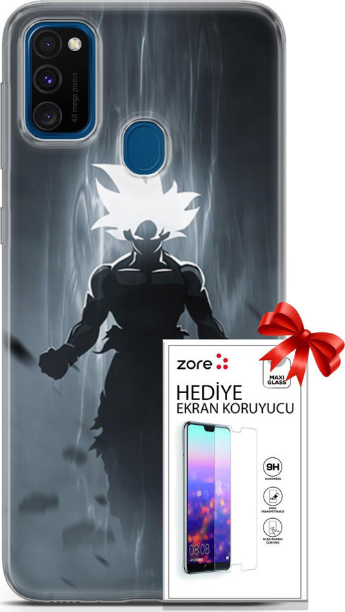 Samsung Galaxy M30S Kılıf Orijinal Seri Supers 27 Dark Goku Lazer Kesim Silikon Ekran Koruyucu