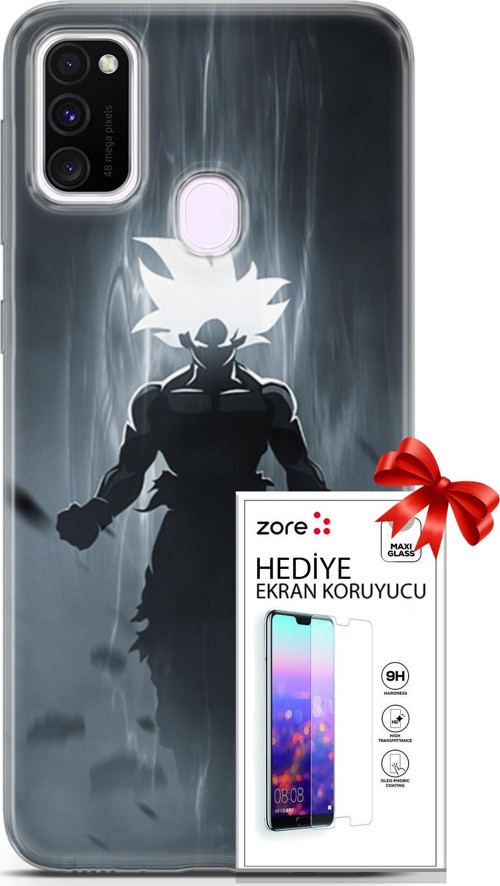 Samsung Galaxy M21 Kılıf Orijinal Seri Supers 27 Dark Goku Lazer Kesim Silikon Ekran Koruyucu
