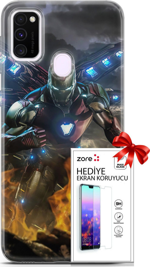 Samsung Galaxy M21 Kılıf Orijinal Seri Supers 30 Iron Man Kenarları Şeffaf Kapak Ve Ekran Koruyucu