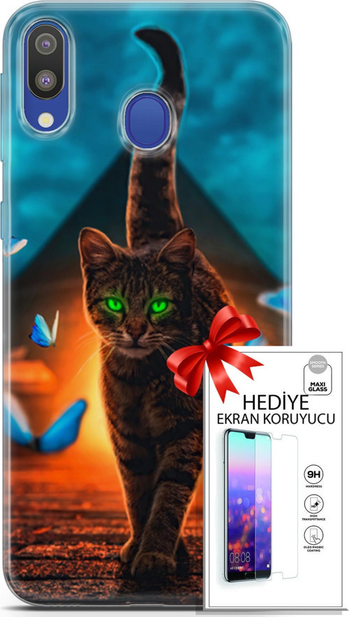 Samsung Galaxy M20 Kılıf Orijinal Seri Algorand 09 Yeşil Neon Kedi Uv Kılıf Ve Ekran Koruyucu
