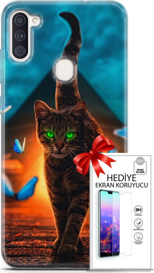 Samsung Galaxy M11 Kılıf Orijinal Seri Algorand 09 Yeşil Neon Kedi Uv Kılıf Ve Ekran Koruyucu