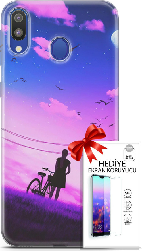 Samsung Galaxy M20 Kılıf Orijinal Seri Algorand 28 Bisikletli Kız İz Bırakmayan Kılıf + Ön Ekran Koruyucu