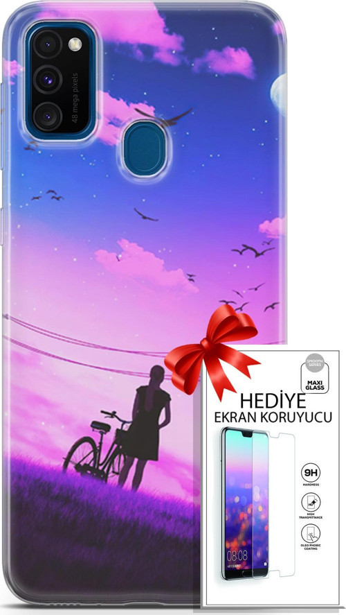 Samsung Galaxy M30S Kılıf Orijinal Seri Algorand 28 Bisikletli Kız İz Bırakmayan Kılıf + Ön Ekran Koruyucu