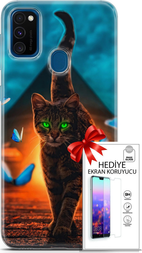 Samsung Galaxy M30S Kılıf Orijinal Seri Algorand 09 Yeşil Neon Kedi Uv Kılıf Ve Ekran Koruyucu