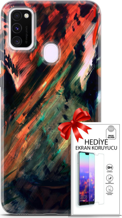 Samsung Galaxy M21 Kılıf Orijinal Seri Algorand 20 Kırmızı Yeşil Renkli Kılıf Ekran Koruyucu