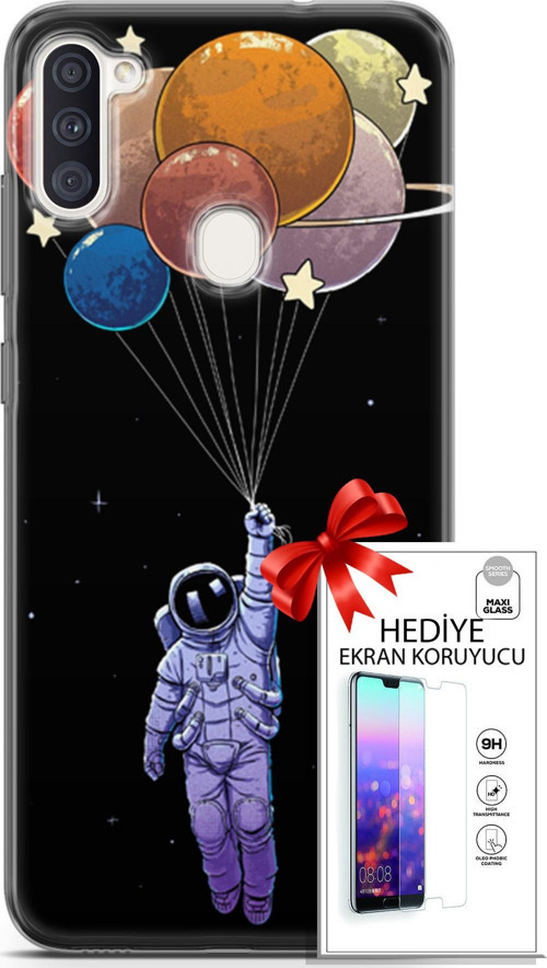 Samsung Galaxy M11 Kılıf Orijinal Seri Algorand 07 Uçan Balon Astronot Desenli Kılıf + Ön Ekran Koruyucu