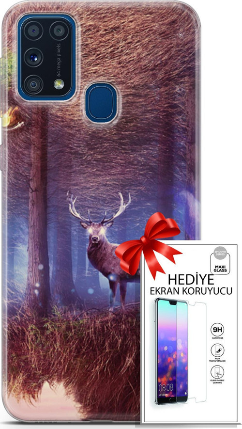 Samsung Galaxy M31 Kılıf Orijinal Seri Algorand 15 Büyük Boynuzlar Kalın Silikon + Ekran Koruyucu
