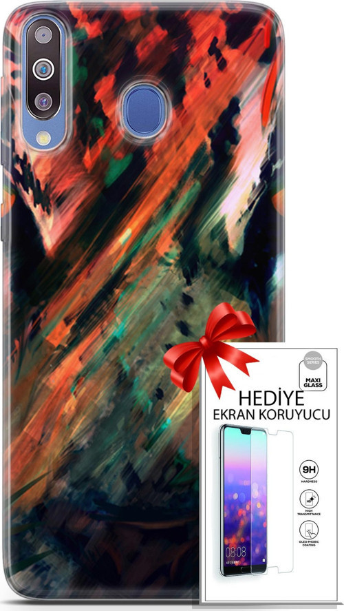 Samsung Galaxy M30 Kılıf Orijinal Seri Algorand 20 Kırmızı Yeşil Renkli Kılıf Ekran Koruyucu