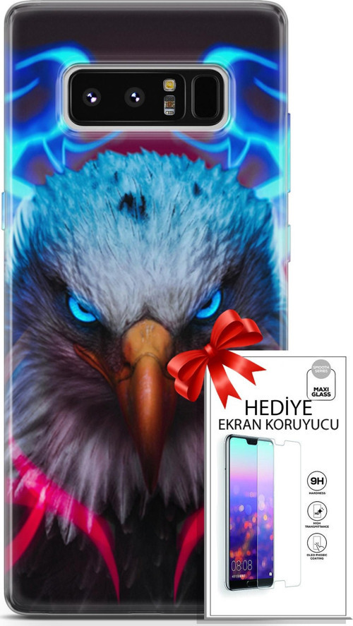 Samsung Galaxy Note 8 Kılıf Orijinal Seri Algorand 11 Baykuş Sert 4K Baskılı Kılıf + Ekran Koruyucu