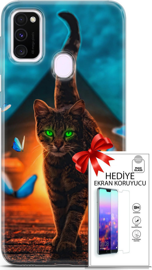 Samsung Galaxy M21 Kılıf Orijinal Seri Algorand 09 Yeşil Neon Kedi Uv Kılıf Ve Ekran Koruyucu