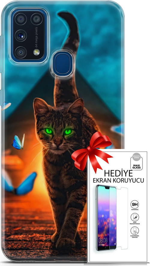 Samsung Galaxy M31 Kılıf Orijinal Seri Algorand 09 Yeşil Neon Kedi Uv Kılıf Ve Ekran Koruyucu