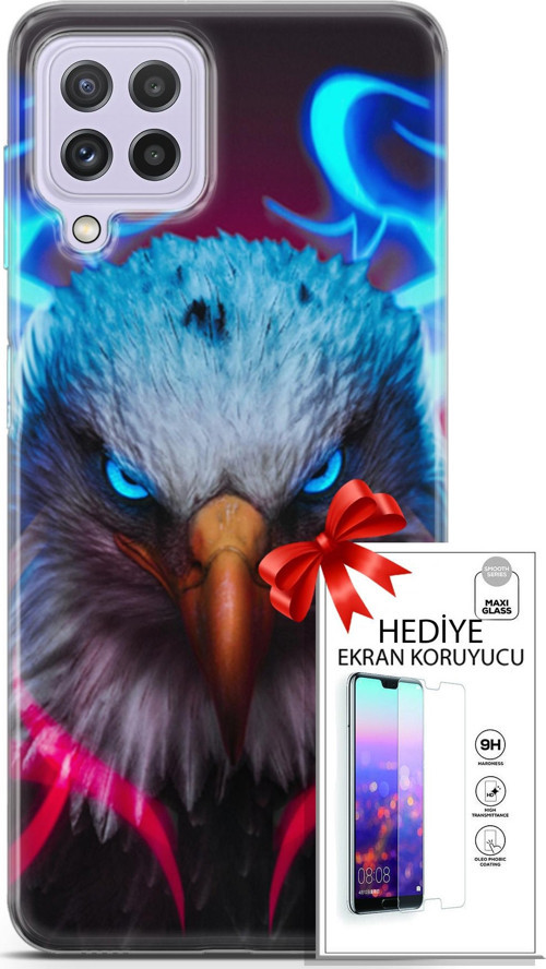 Samsung Galaxy M32 Kılıf Orijinal Seri Algorand 11 Baykuş Sert 4K Baskılı Kılıf + Ekran Koruyucu Ful
