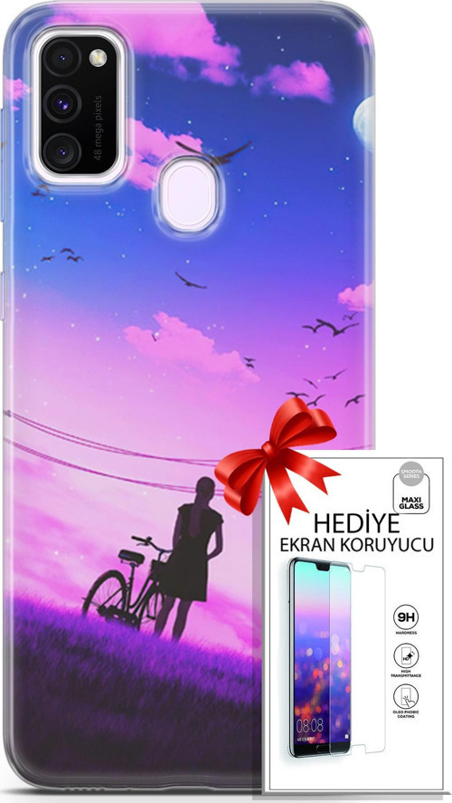 Samsung Galaxy M21 Kılıf Orijinal Seri Algorand 28 Bisikletli Kız İz Bırakmayan Kılıf + Ön Ekran Koruyucu