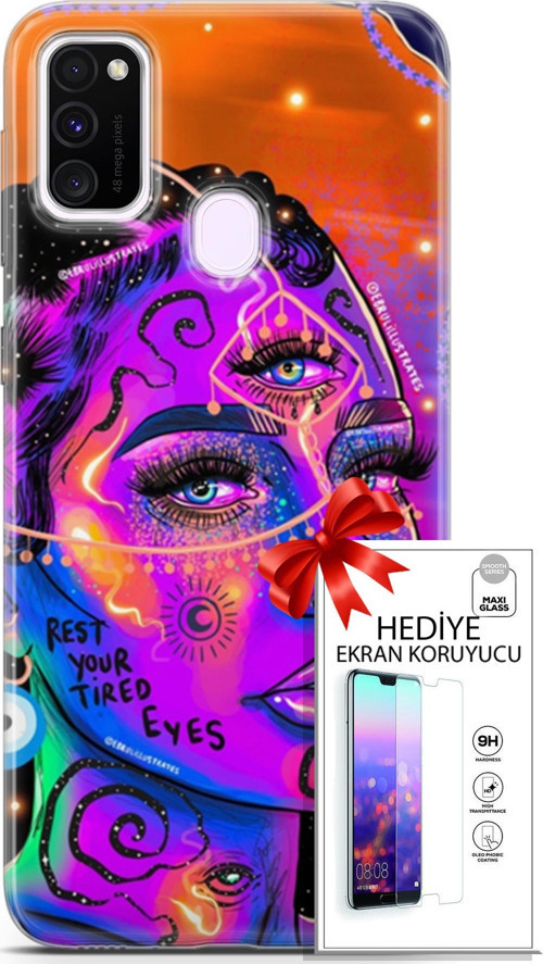 Samsung Galaxy M21 Kılıf Orijinal Seri Cardano 04 Rest Your Tired Silikon Kılıf + Ekran Koruyucu Ful