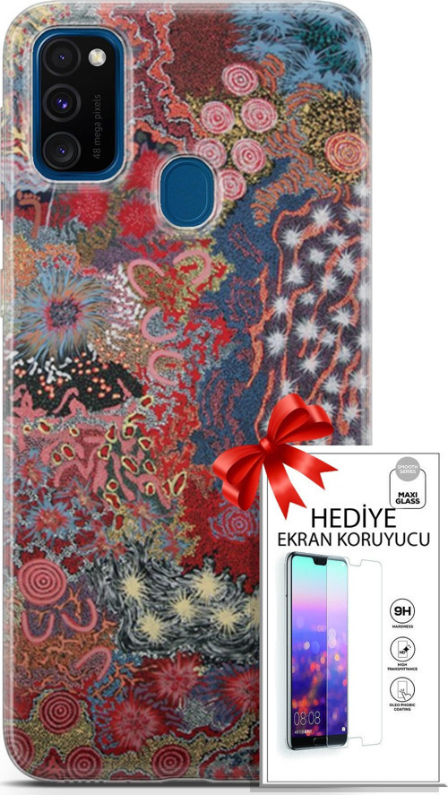 Samsung Galaxy M30S Kılıf Orijinal Seri Cardano 07 Suluboya Desenli Kılıf + Ön Ekran Koruyucu