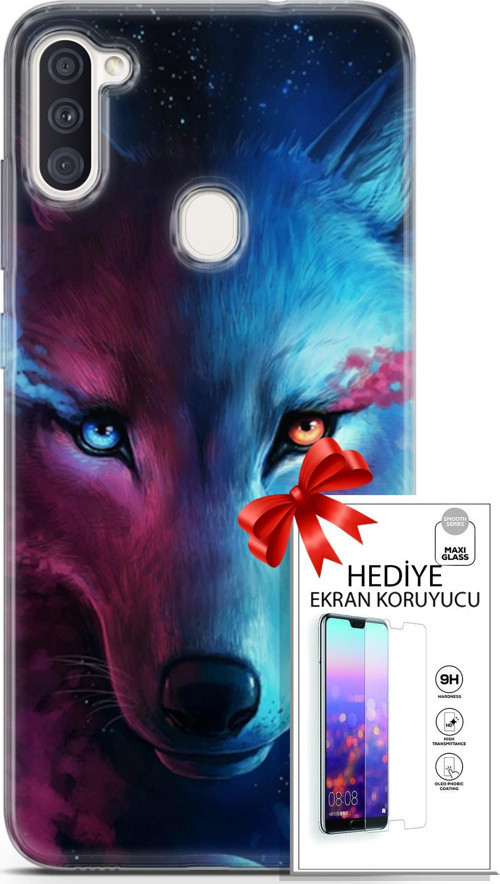 Samsung Galaxy M11 Kılıf Orijinal Seri Cardano 18 Mavi Turuncu Göz Parlak Kılıf + Ekran Koruyucu Ful