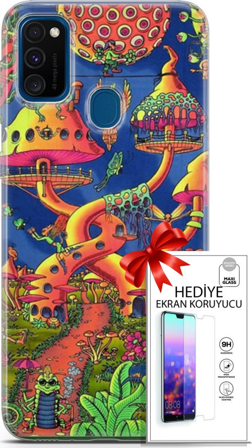 Samsung Galaxy M30S Kılıf Orijinal Seri Cardano 05 Mantar Evler Koruma Kılıfı + Ekran Koruyucu