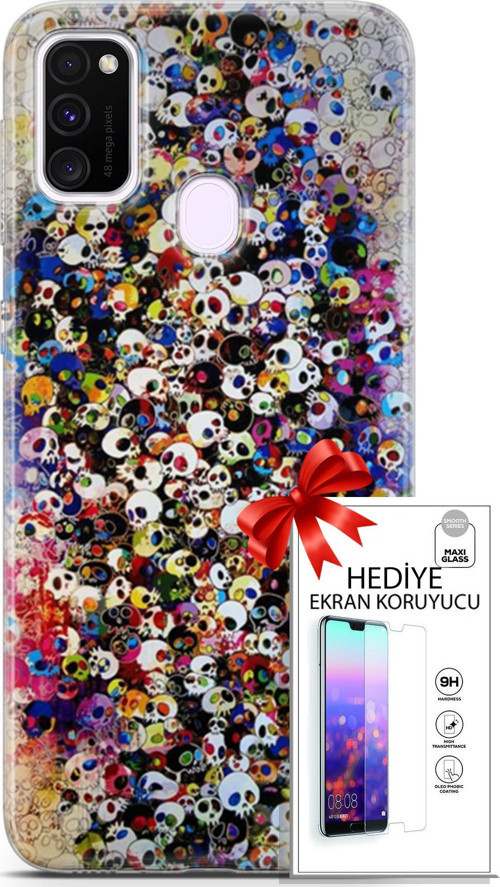 Samsung Galaxy M21 Kılıf Orijinal Seri Cardano 08 Kurukafalar Baskılı Kılıf + Ekran Koruyucu