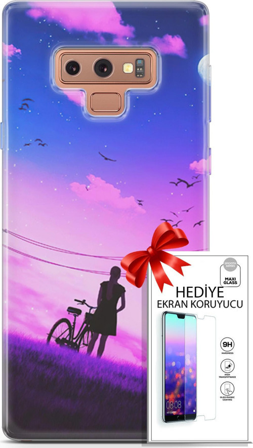 Samsung Galaxy Note 9 Kılıf Orijinal Seri Algorand 28 Bisikletli Kız İz Bırakmayan Kılıf + Ön Ekran Koruyucu