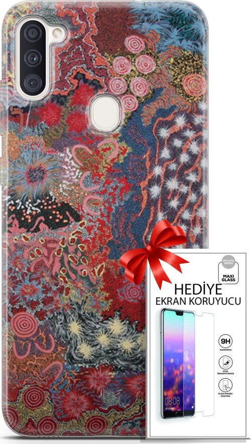Samsung Galaxy M11 Kılıf Orijinal Seri Cardano 07 Suluboya Desenli Kılıf + Ön Ekran Koruyucu