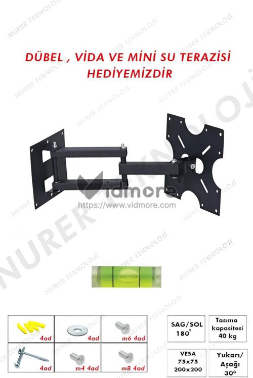 Nordmende 24'' Inç 61 Ekran Uyumlu Çift Kol Televizyon Hareketli Duvar Askı Aparatı Lcd Led