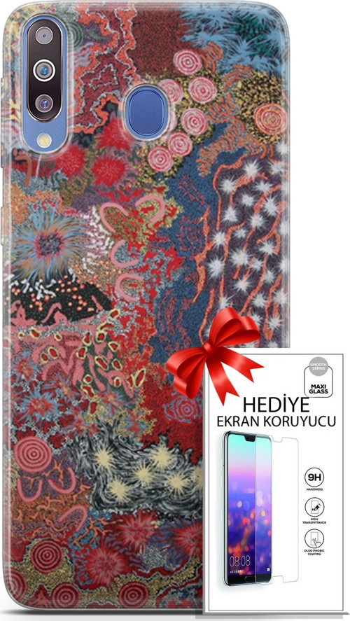 Samsung Galaxy M30 Kılıf Orijinal Seri Cardano 07 Suluboya Desenli Kılıf + Ön Ekran Koruyucu