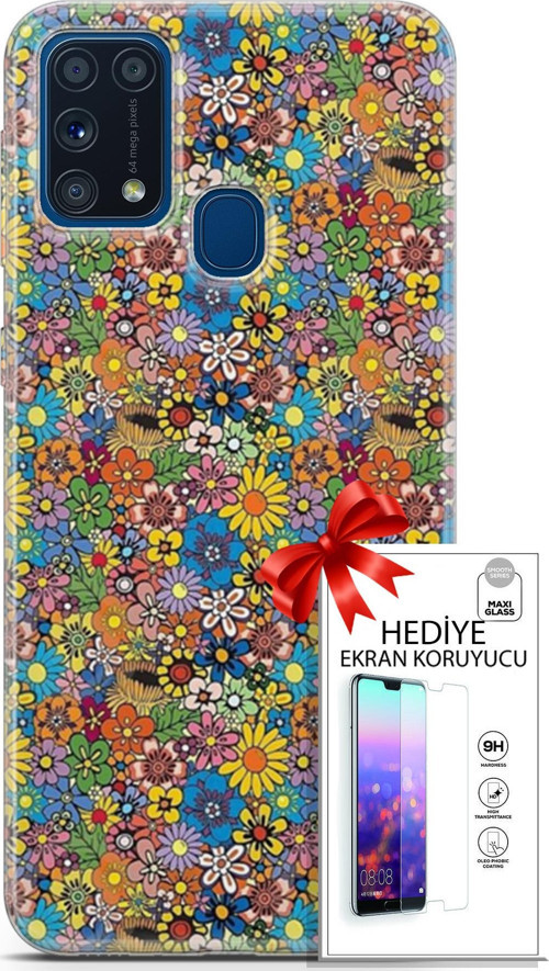 Samsung Galaxy M31 Kılıf Orijinal Seri Cardano 06 Küçük Çiçekler Koruyucu Kapak Ekran Koruyucu