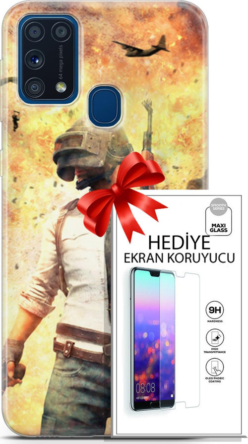 Samsung Galaxy M31 Kılıf Orijinal Seri Pubg 29 Uçak Paraşüt Leke Tutmaz Kapak + Ekran Koruyucu
