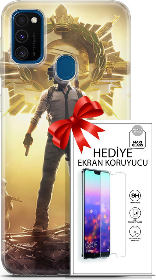 Samsung Galaxy M30S Kılıf Orijinal Seri Pubg 08 Kasklı Baskılı Kılıf + Ekran Koruyucu