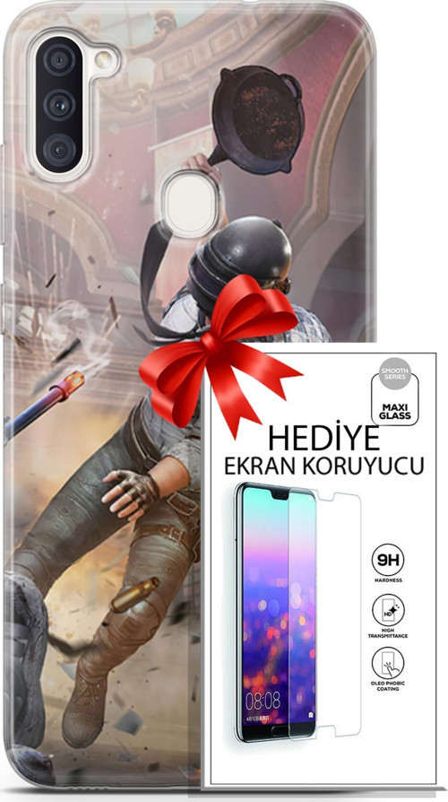 Samsung Galaxy M11 Kılıf Orijinal Seri Pubg 07 Kravatlı Karakter Desenli Kılıf + Ön Ekran Koruyucu