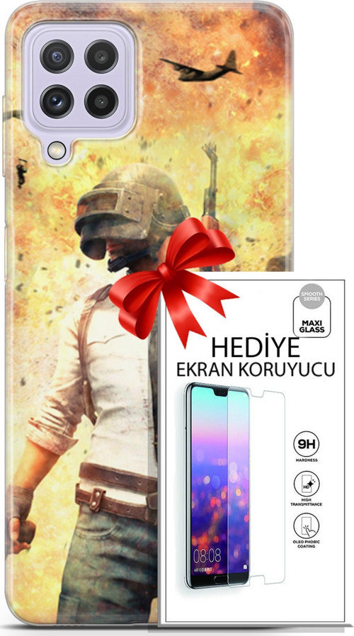Samsung Galaxy M32 Kılıf Orijinal Seri Pubg 29 Uçak Paraşüt Leke Tutmaz Kapak + Ekran Koruyucu