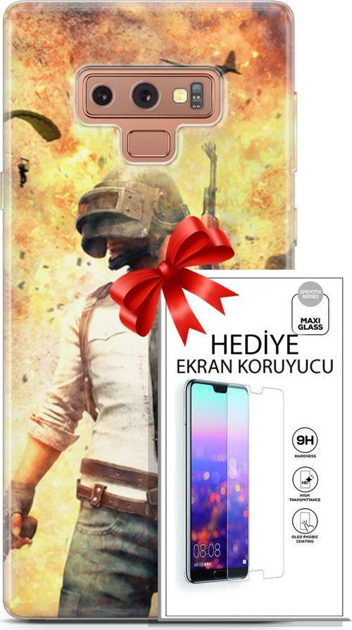 Samsung Galaxy Note 9 Kılıf Orijinal Seri Pubg 29 Uçak Paraşüt Leke Tutmaz Kapak + Ekran Koruyucu