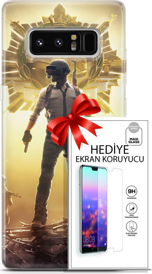 Samsung Galaxy Note 8 Kılıf Orijinal Seri Pubg 08 Kasklı Baskılı Kılıf + Ekran Koruyucu